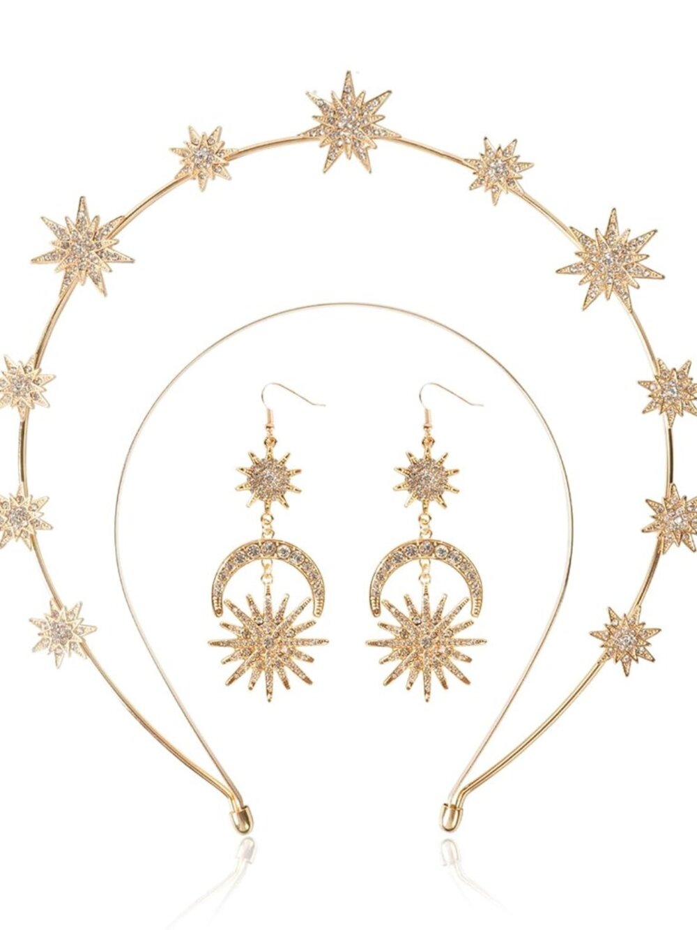 Halo Crown - Stars Crystal Goddess HeadBand with Earrings Mary Metal Halo Headpi